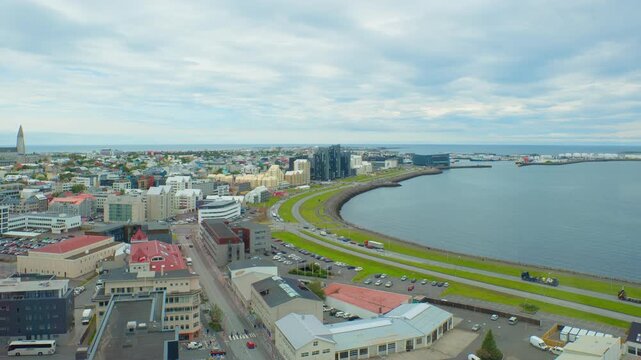 Reykjavik, Iceland. Aerial view of the city center of Reykjavik, Iceland during a cloudy day in summer. Time-lapse with car traffic in downtown