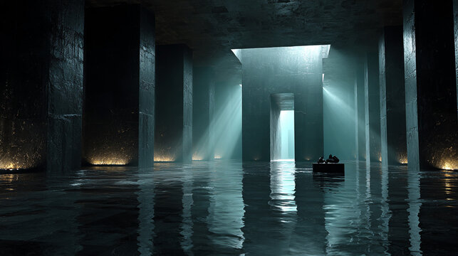 Dark energy temple interior with subtle glowing black and grey columns and water