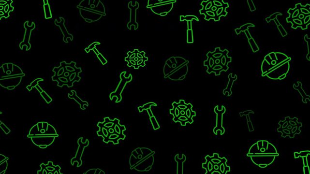 Seamless looping industrial pattern with green neon line icons of tools, gears, and helmets on dark background. Modern construction and engineering motion graphic.