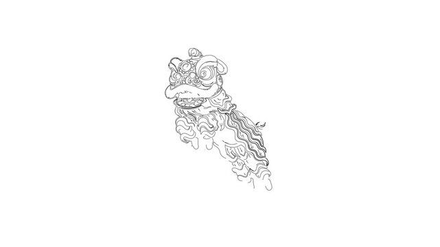 Line art animation of lion dance, wu shi, chinese barongsai in white background