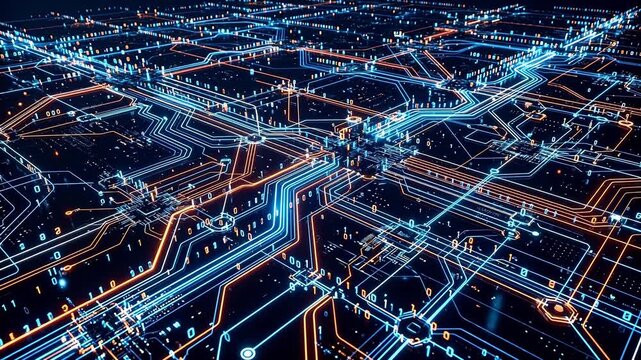 Digital circuit network with binary data emphasizing advanced technology and cybersecurity