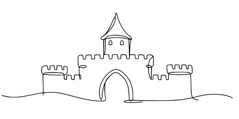 Castle Line Art, Minimalist continuous-line drawing of a castle with battlements, arched doorway, and tower, symbolizing strength and fantasy. © Sa_e