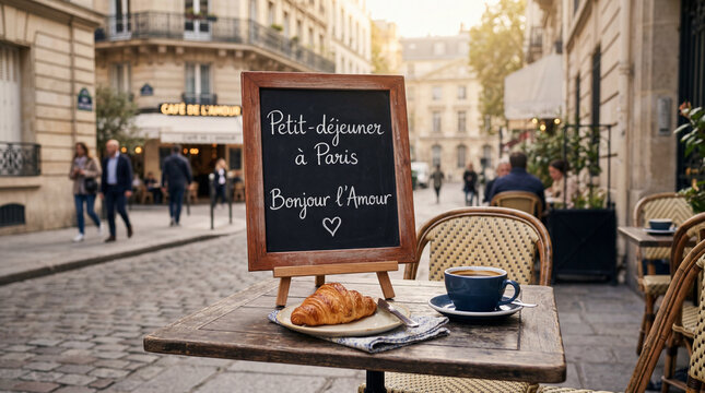 Classic Paris Street Cafe Scene with Breakfast and Signboard