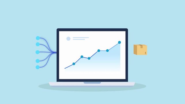 Minimal flat animation of a laptop displaying a rising data chart with incoming data lines and a folder icon, representing analytics, data storage, and organized digital performance.