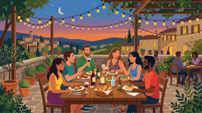 A gathering of friends and family enjoying a delightful outdoor dinner in a picturesque setting, featuring tables adorned with delectable dishes, illuminated by string lights.