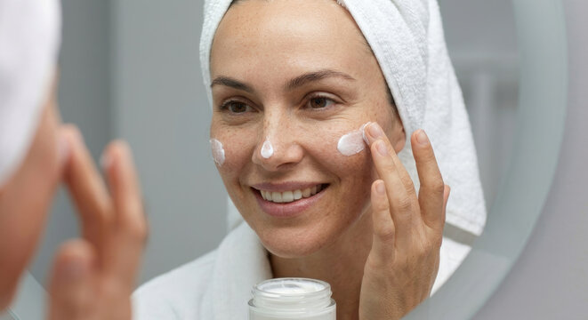 Young smiling woman applying moisturizing cream to her face skin. Facial skincare routine concept.