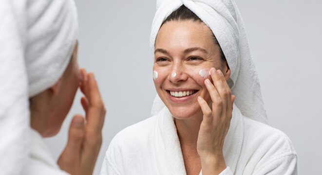 Young smiling woman applying moisturizing cream to her face skin. Facial skincare routine concept.
