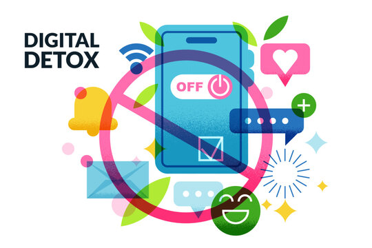 Digital detox, screen time control, online addiction vector concept. Smartphone turned off forbidden sign, social media