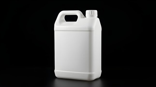 Isolated white plastic container with handle and cap on black background