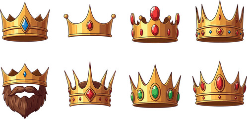Golden crown set with royal jewels vector illustration collection king queen tiara designs isolated luxury monarchy symbols pack © Auwal