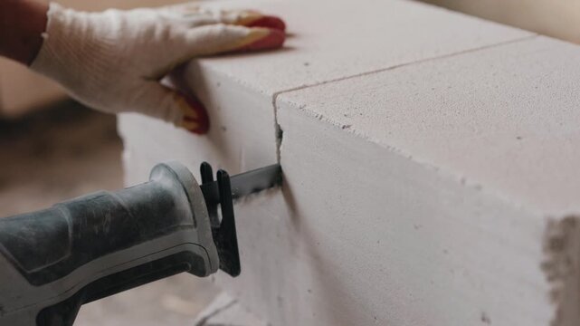 Cutting aerated concrete block with reciprocating saw during construction close up