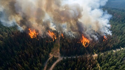 Fototapeta premium Aerial drone view captures a destructive forest wildfire with orange flames and thick smoke rising above a dense green pine forest, showing environmental impact.