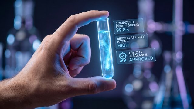 Hand holding a glowing test tube with digital data, indicating high compound purity and toxicity clearance, representing advanced chemical research, drug development, and scientific innovation