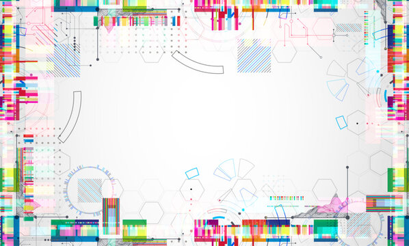 Abstract colorful background with different tech elements and lines. Color chaos. Vector illustration.