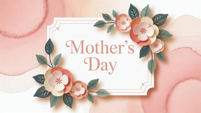 Elegant Mother&rsquo;s Day Card with Paper-Cut Flowers, Soft Watercolor Background and Minimalist Frame Design