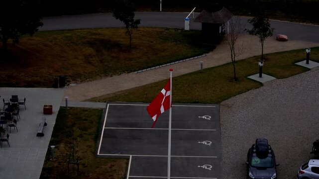 Aerial View of Danish Flag and Parking at Wadden Sea Centre, Ribe