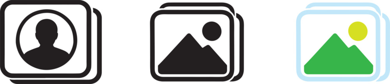 Image icons set with photo album, gallery, snapshot, picture frame and camera UI symbols.