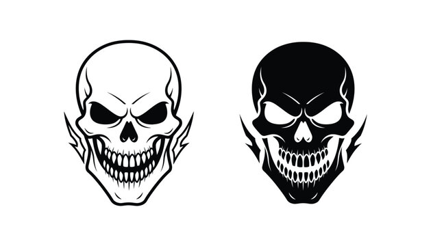 Fierce skull head icon with sharp teeth and lightning elements in clean outline and solid black vector silhouette style