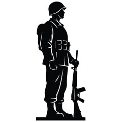 Fototapeta premium Soldier standing with rifle vector silhouette illustration on isolated white background.