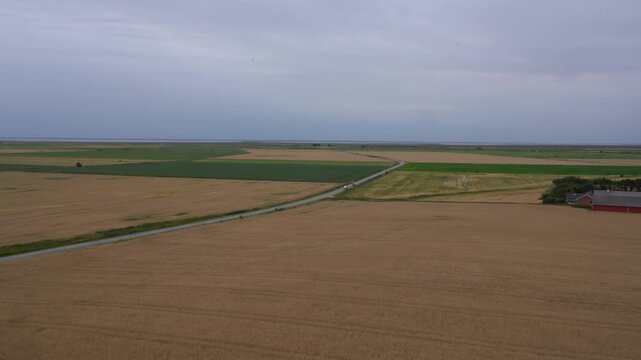 Aerial View of Flat Farmland and Red Farmhouse near Ribe, Denmark