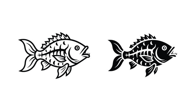 Predatory fish illustration with sharp teeth and spiky fins in both outline and solid black silhouette vector styles for fishing branding