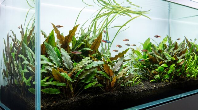 Planted aquarium tank with cryptocoryne and aquatic plants  