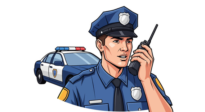 Illustrated police officer in a blue uniform is communicating via radio, with a police car visible in the background, rendered in a cartoon style against a clean white backdrop