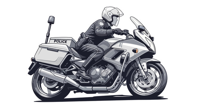 A vector illustration depicts a police officer character riding a motorcycle in a side view, against a clean white background, rendered with bold lines and a monochromatic color scheme