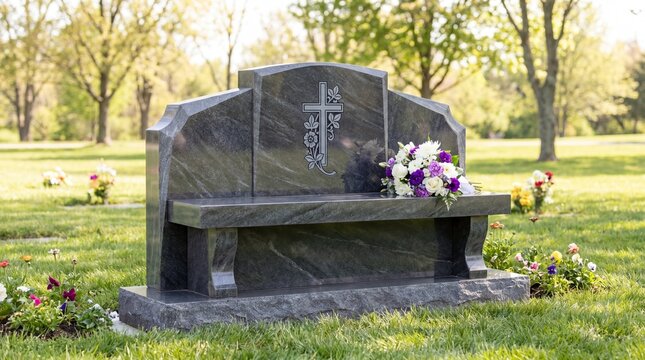 Headstone with bench seat and flowers in serene cemetery setting  