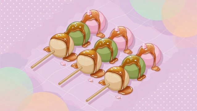 Tricolor dango skewers with mitarashi sauce on pastel background