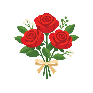 A charming illustration depicting a classic bouquet of three vibrant red roses with green foliage and white filler flowers, elegantly tied with a light brown ribbon.