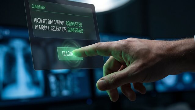 Patient data processed and AI model selected on futuristic medical interface, healthcare technology