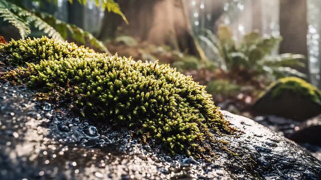 Close-up of vibrant green moss growing on a wet rock in a sun-dappled forest, showcasing the intricate textures of nature's miniature world