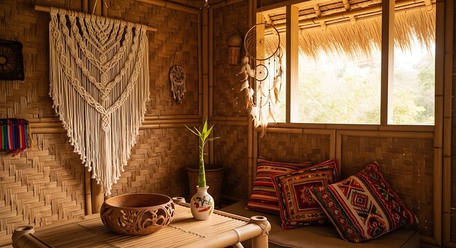 Cozy bohemian interior with macrame wall hanging.