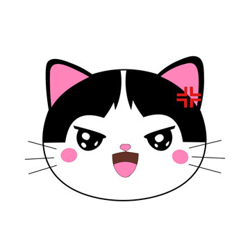 Cute Kawaii Cat Face Angry Expression Cartoon Character Flat Illustration