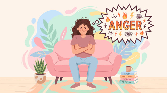 Illustration of an angry woman sitting on a pink sofa with speech bubble.