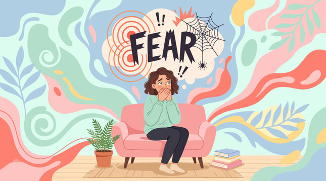 Young woman sitting on sofa overwhelmed by fear and anxious thoughts.