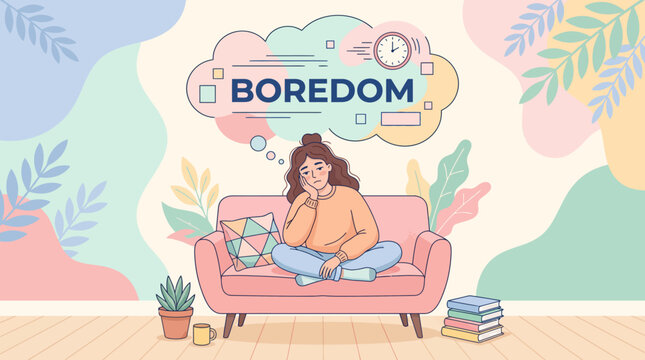 Young woman sitting on couch feeling boredom and restlessness.