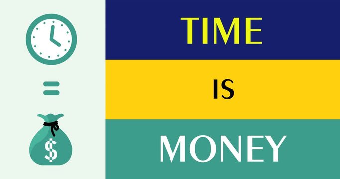 Animated footage of a clock and a bag of dollar bills with the title time is money. suitable for business content and timely work implementation within a company