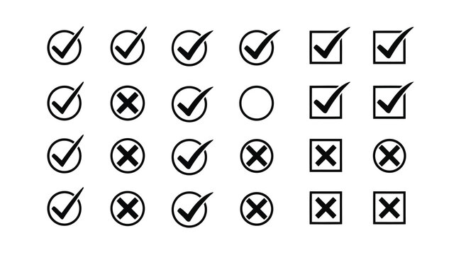 Collection of check mark and cross mark icons in circles and squares