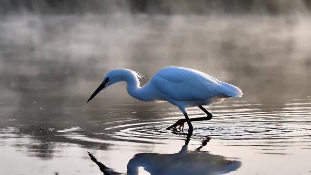 An elegant white egret stalks its prey in the serene, mist-covered waters of a tranquil wetland, illuminated by the soft light of a new day