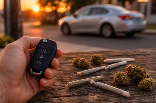 Car keys and cannabis. Strictly separate driving and smoking marijuana. Legal regulation. Driving license regulation. Weed. Don&rsquo;t drive high. Observe limit value and abstinence breaks. Generative AI
