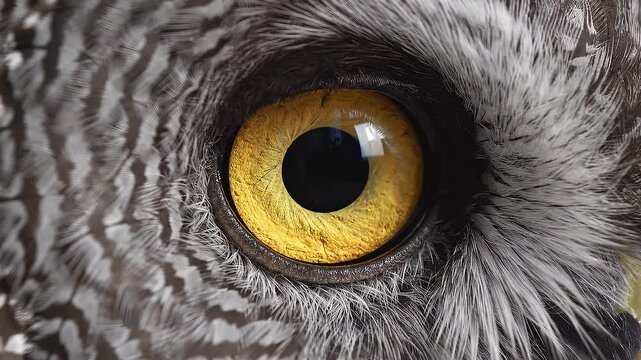 A piercing glimpse into the soul of the wilderness The intricate, golden eye of an owl stands out amidst its feathered patterns, embodying sharp vision and mystery