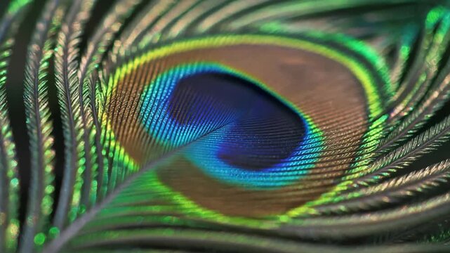 Close-up macro shot of a vibrant peacock feather showing intricate details and iridescent colors