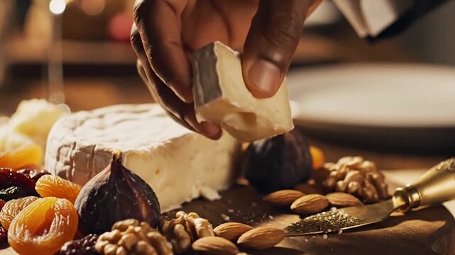 Gourmet Cheese Board Hand Selects Brie Amidst Nuts with Figs  Warm Lights.