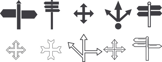 Black silhouette signpost icons directional signs and wayfinding symbols collection © TANIA