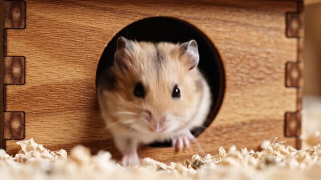 Small furry hamster peeking through the round door of a wooden enclosure within a cage environment filled with dry bedding material for rodents