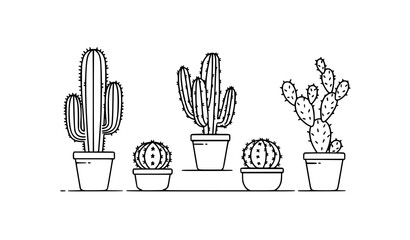 Minimalist black and white line art vector illustration set of potted cactus plants including saguaro and prickly pear for modern home decor designs © MdIbrahimIslam