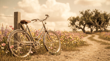Fototapeta premium Vintage Bicycle Resting Beside Wildflowers on a Country Road, Sepia Tones