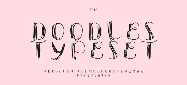 Hand Drawn Font Logo Alphabet Doodle Funny Letter and Number Set Modern Typography, Pencil Typographic Design for Cute Title Text, Headline, Friendship Logotype. Handwritten Fonts. Vector Typeface